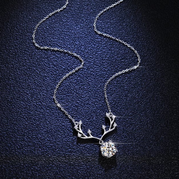 Platinum 925 Sterling Silver 2CT Moissanite Elk Antler Pendant Necklace - Image 4