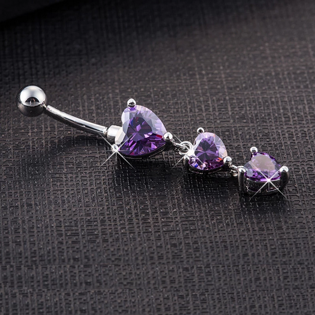 Stainless Steel Triple Zirconia Heart Navel/Belly Button Piercing (2 Options) - Image 3