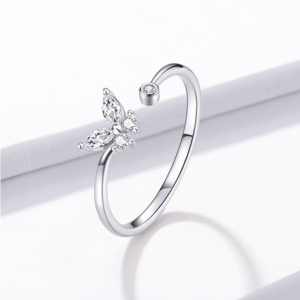 Elegant Platinum 925 Sterling Silver Butterfly Tail Adjustable Ring (Size 6-8)