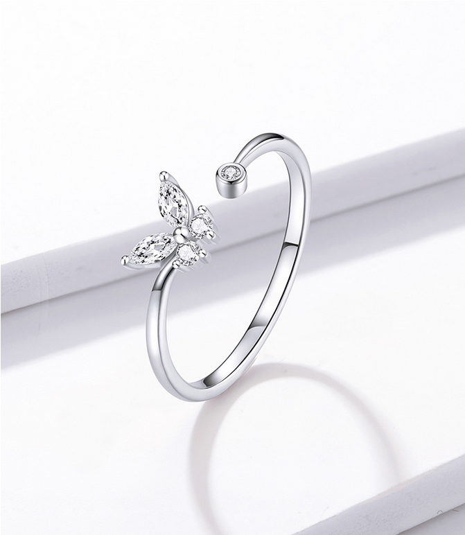 Elegant Platinum 925 Sterling Silver Butterfly Tail Adjustable Ring (Size 6-8)