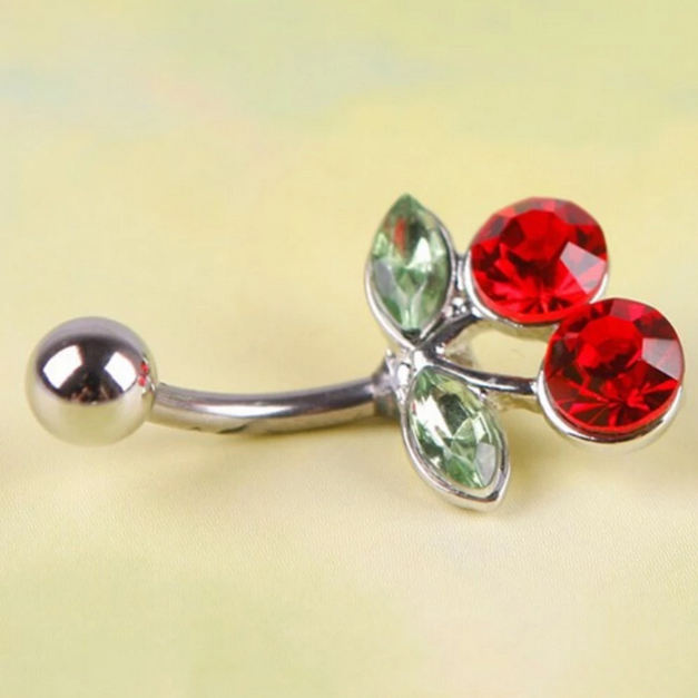 Stainless Steel Red Cherry Rhinestone Navel/Belly Button Bar Piercing - Image 3