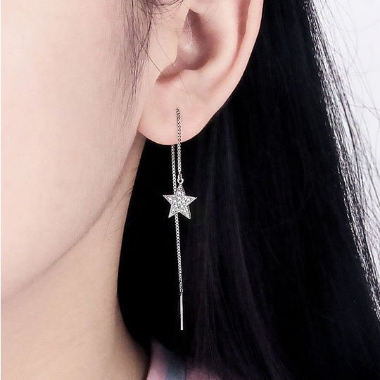 Genuine 925 Sterling Silver Zircon Star Fine Chain Earrings - Image 2