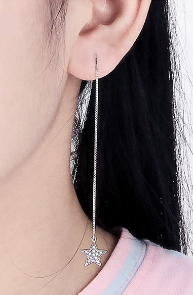 Genuine 925 Sterling Silver Zircon Star Fine Chain Earrings - Image 4