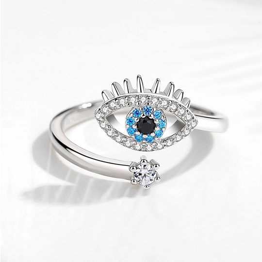 Genuine 925 Sterling Silver Vintage Blue Crystal Eye Adjustable Ring (Size 6-9)