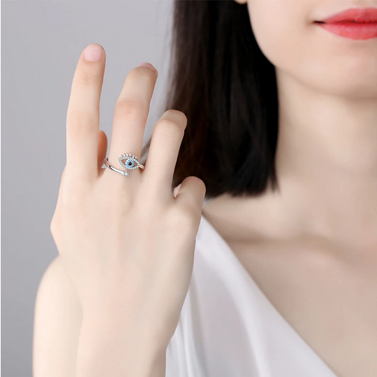 Genuine 925 Sterling Silver Vintage Blue Crystal Eye Adjustable Ring (Size 6-9) - Image 2