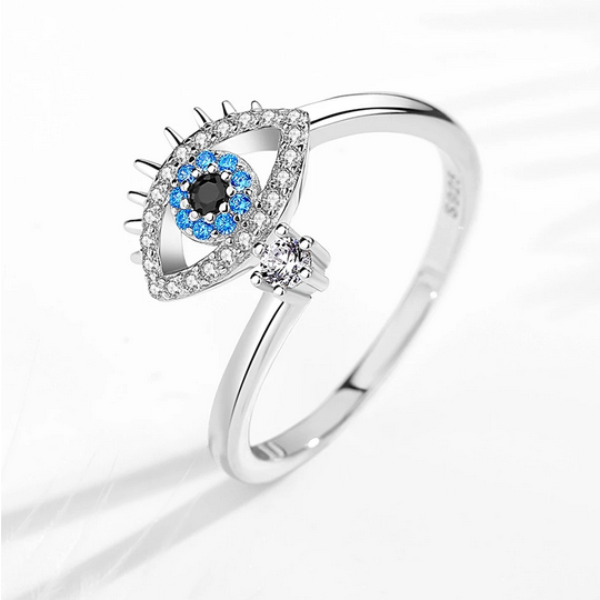 Genuine 925 Sterling Silver Vintage Blue Crystal Eye Adjustable Ring (Size 6-9) - Image 3