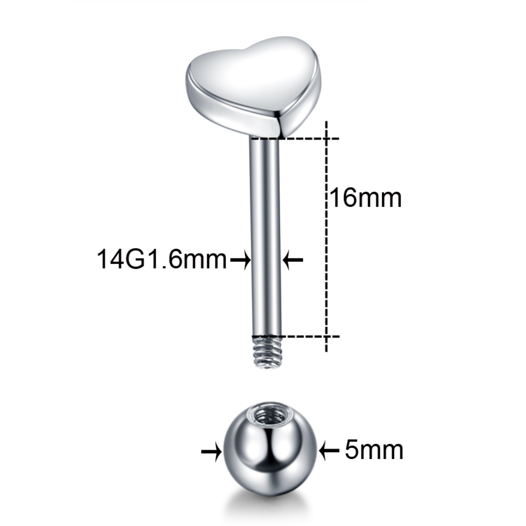 316L Stainless Steel 14G Heart Barbell Tongue Piercing - Image 2