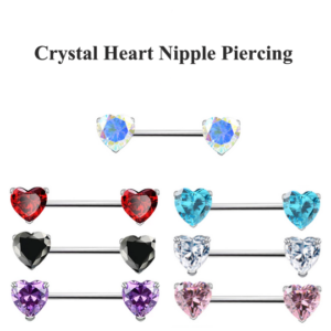 2PC Crystal Heart 316L Surgical Steel 14G Bar Nipple Piercing