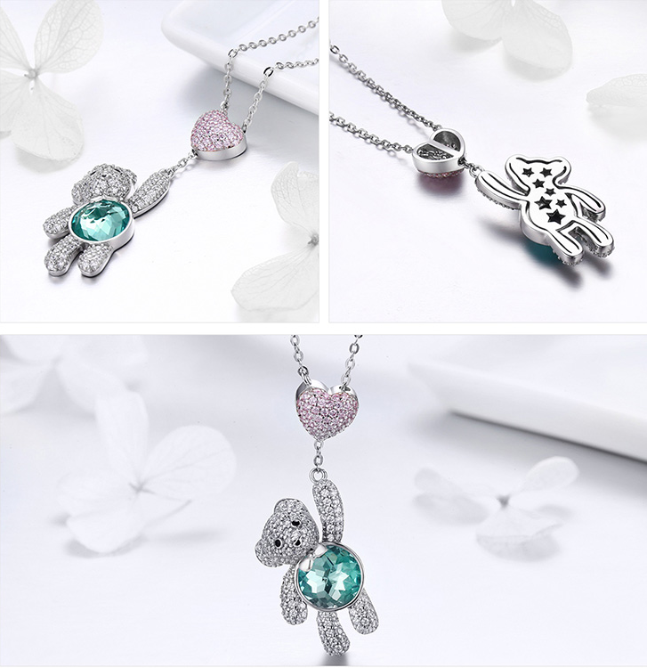 Exquisite 925 Sterling Silver Dazzling Bear & Heart Pendant Choker