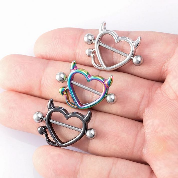 1 Pair 14G Surgical Steel Devious Heart Nipple Bar Piercing