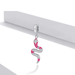 Platinum 925 Sterling Silver Rose Red Snake Charm for Bracelet + Drop Earrings