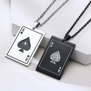 Men’s Lucky Ace Of Spades Stainless Steel Poker Pendant Necklace – 24″