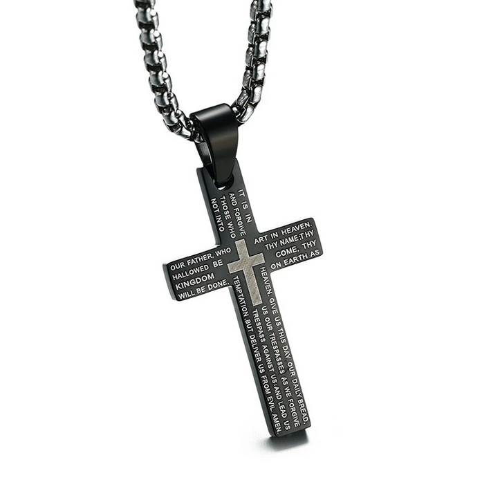 316L Stainless Steel “Our Father Prayer” Cross Pendant Necklace – 24″