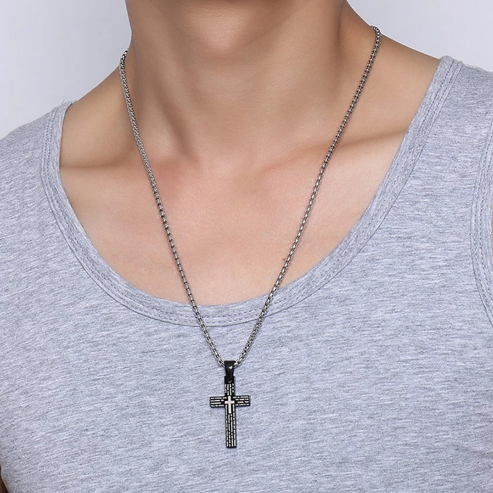 316L Stainless Steel “Our Father Prayer” Cross Pendant Necklace – 24″ - Image 2