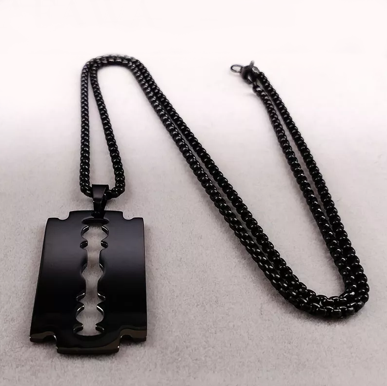 Men’s 316L Stainless Steel Polished Shaving Blade Pendant Necklace (24″) - Image 2