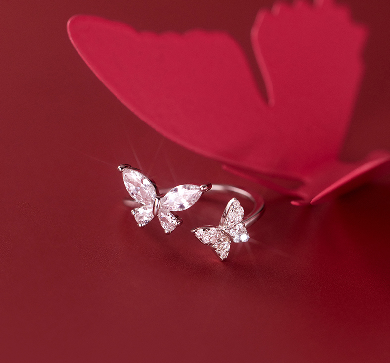 18K 925 Sterling Silver Dazzling Double Butterfly Adjustable Ring (Size 5-7)