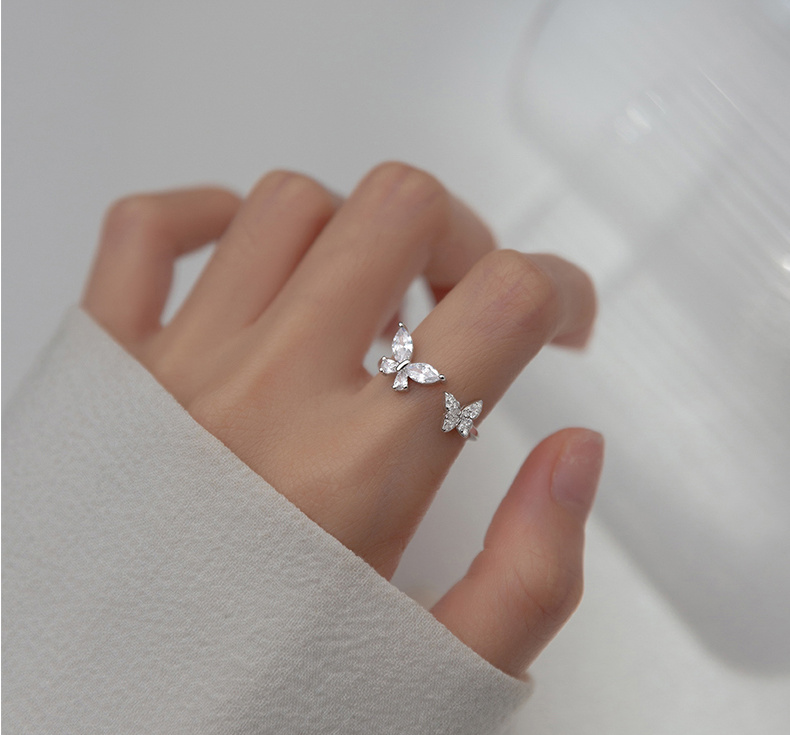 18K 925 Sterling Silver Dazzling Double Butterfly Adjustable Ring (Size 5-7) - Image 2