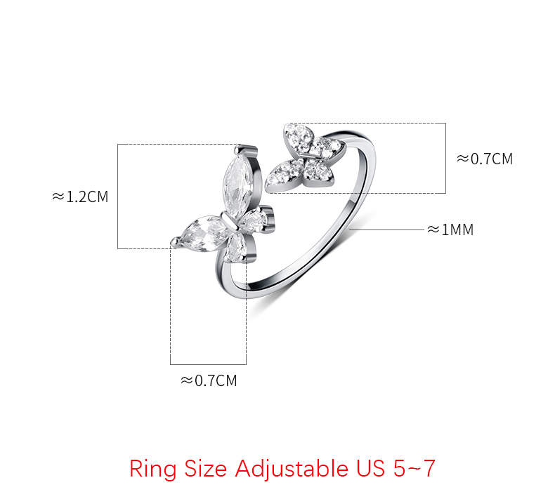 18K 925 Sterling Silver Dazzling Double Butterfly Adjustable Ring (Size 5-7) - Image 4