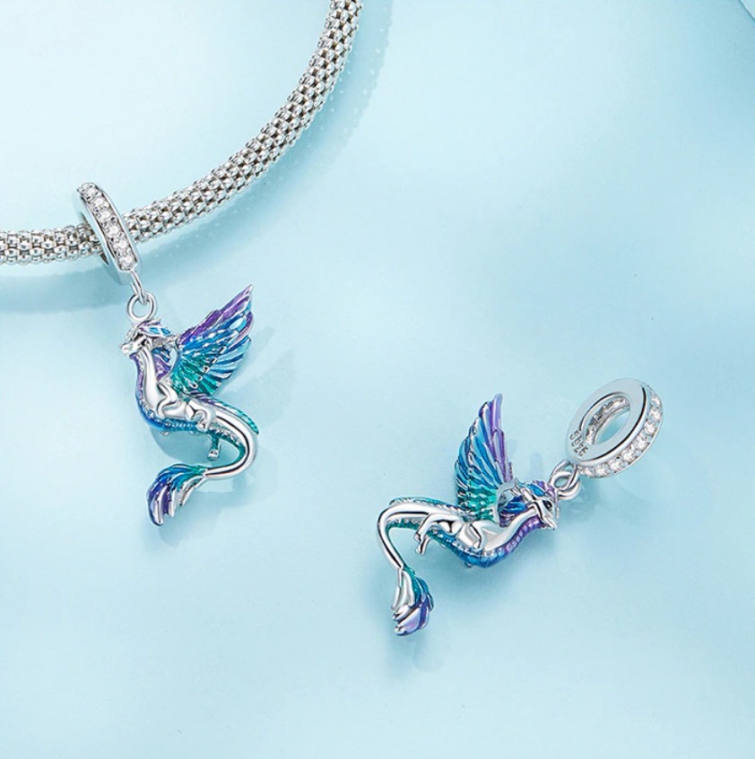 Platinum Plated 925 Sterling Silver Flying Guardian Dragon Charm Pendant