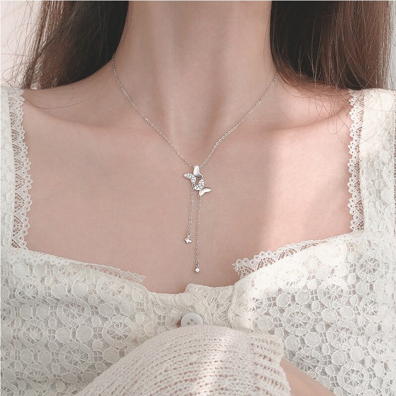 Elegant 925 Sterling Silver Zircon Double Butterfly Chain Pendant Necklace - Image 2