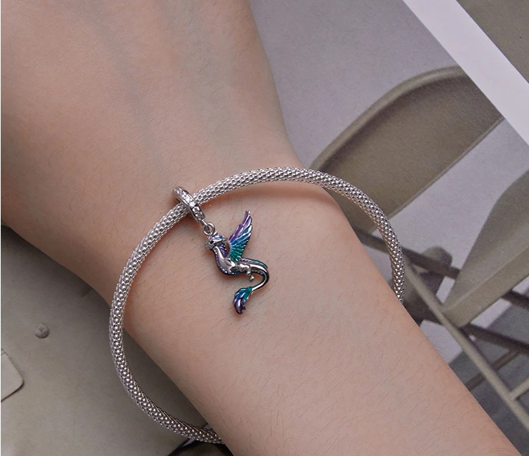 Platinum Plated 925 Sterling Silver Flying Guardian Dragon Charm Pendant - Image 2