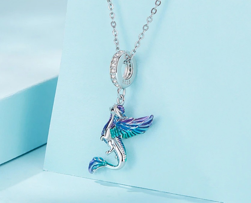 Platinum Plated 925 Sterling Silver Flying Guardian Dragon Charm Pendant - Image 3