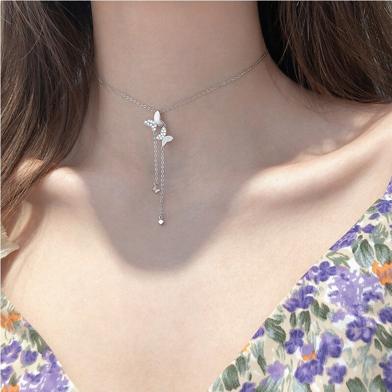 Elegant 925 Sterling Silver Zircon Double Butterfly Chain Pendant Necklace - Image 4