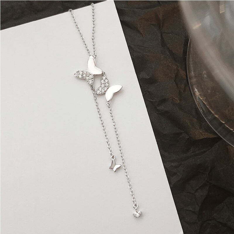 Elegant 925 Sterling Silver Zircon Double Butterfly Chain Pendant Necklace - Image 3