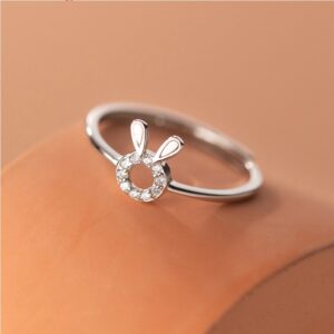 Elegant 925 Sterling Silver Zircon Rabbit Adjustable Charm Ring (Size 5.5-6.5)