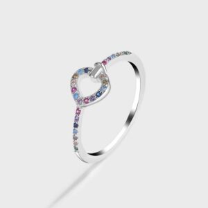 Exquisite 925 Sterling Silver Semi-Pave Rainbow Heart Zirconia Ring