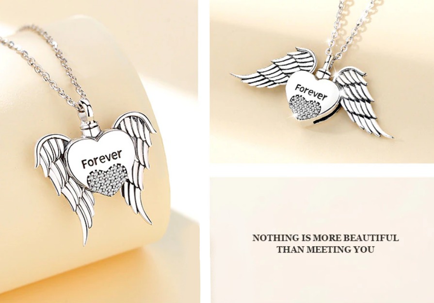 Elegant 925 Sterling Silver Angel Wing Zirconia Heart Cremation Urn Pendant - Image 4