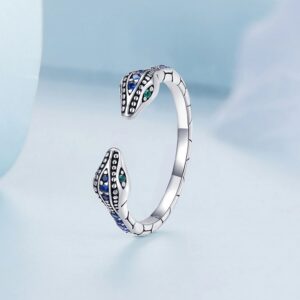 Vintage 925 Sterling Silver Green Eyed Double Snake-head Adjustable Ring (Size 5-7)