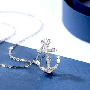 925 Sterling Silver Anchor & Hemp Rope Sparkling Zircon Pendant Necklace