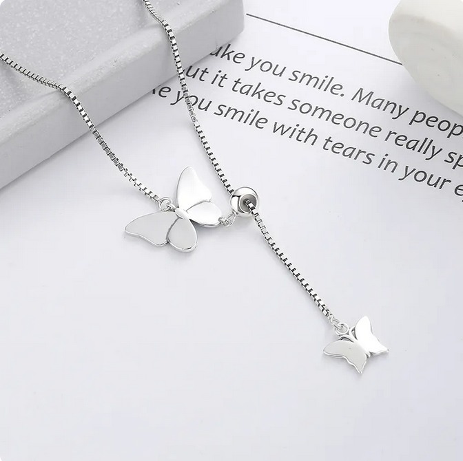 Genuine 925 Sterling Silver Blue Double Butterfly Adjustable Tassel Necklace - Image 3