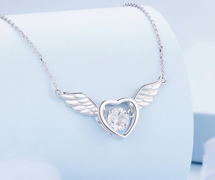 Platinum 925 Sterling Silver Dazzling Zirconia Heart Angel Wings Pendant Choker - Image 3