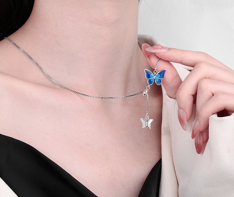 Genuine 925 Sterling Silver Blue Double Butterfly Adjustable Tassel Necklace - Image 2