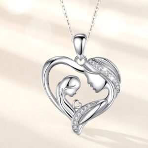 Elegant 925 Sterling Silver Mother Loves Daughter Zircon Heart Pendant Necklace