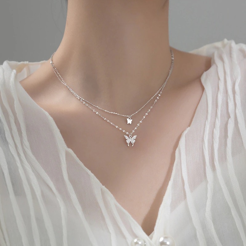 925 Sterling Silver Double Layer Zircon Butterfly Clavicle Choker