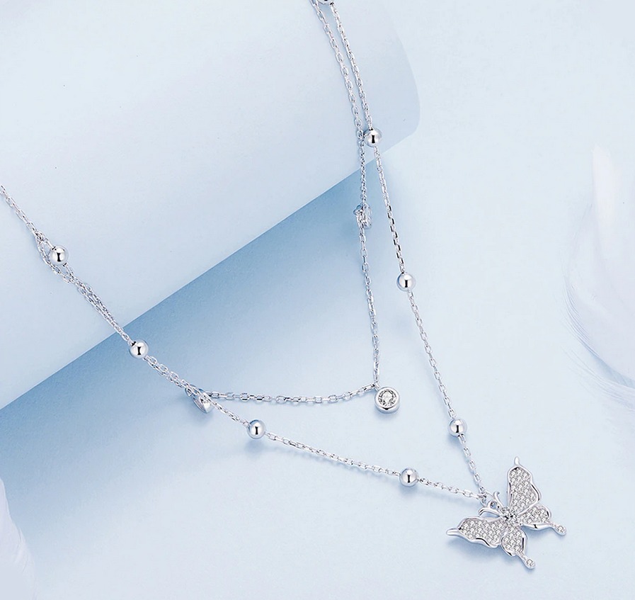 Platinum 925 Sterling Silver Double-Layer Tassel Butterfly Pendant Necklace - Image 3