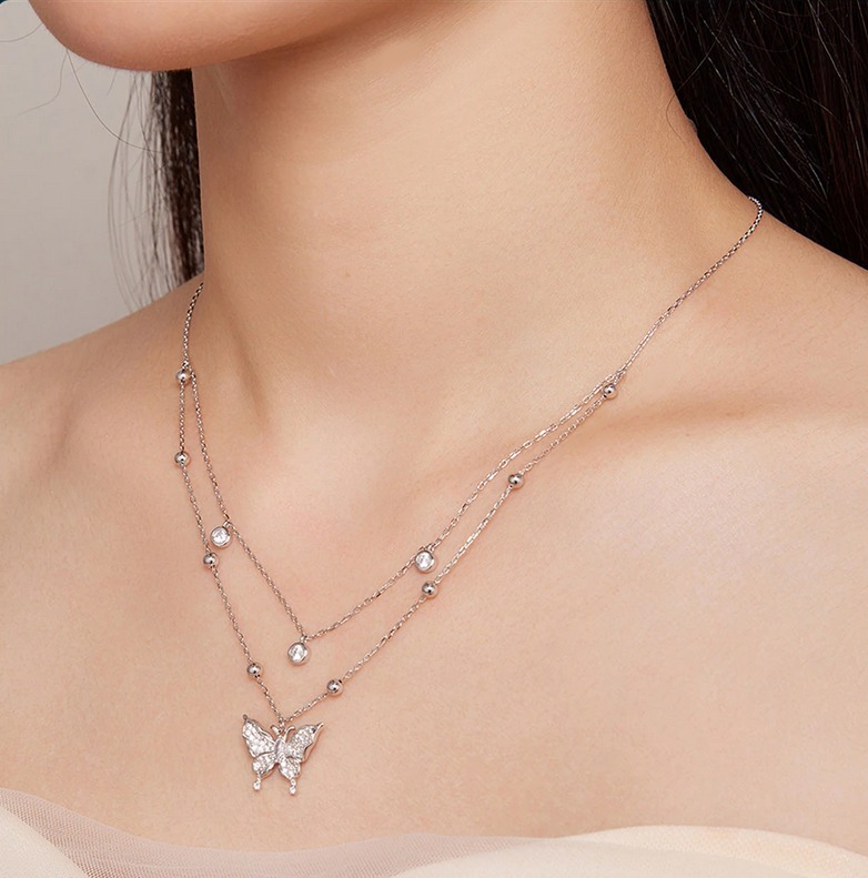 Platinum 925 Sterling Silver Double-Layer Tassel Butterfly Pendant Necklace - Image 4