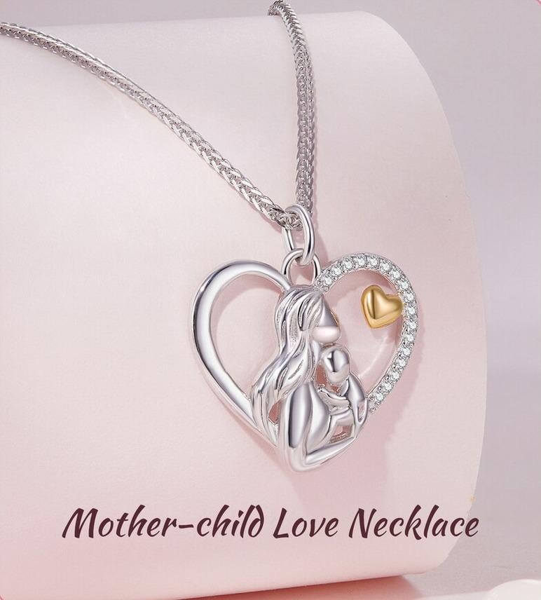 Platinum 925 Sterling Silver Mother Loves Child Heart Pendant Necklace