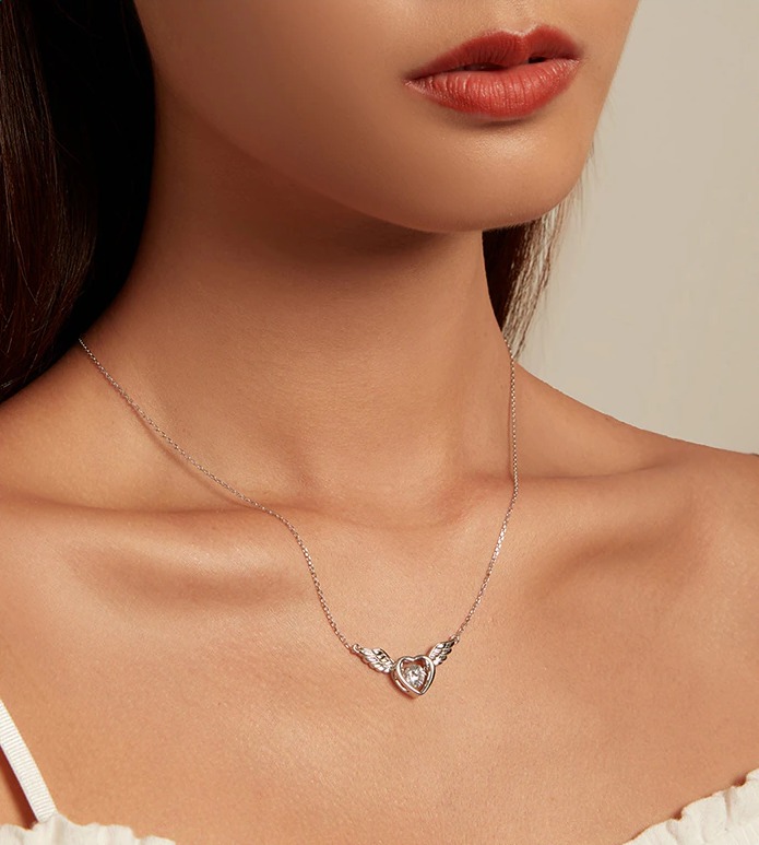 Platinum 925 Sterling Silver Dazzling Zirconia Heart Angel Wings Pendant Choker - Image 2
