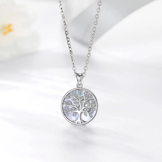 Genuine 925 Sterling Silver Mother of Pearl Tree of Life Zircon Pendant Necklace - Image 3