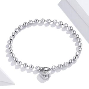 Platinum 925 Sterling Silver Forever Love Beaded Exquisite Heart Charm Bracelet