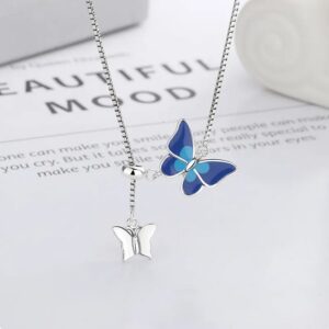 Genuine 925 Sterling Silver Blue Double Butterfly Adjustable Tassel Necklace