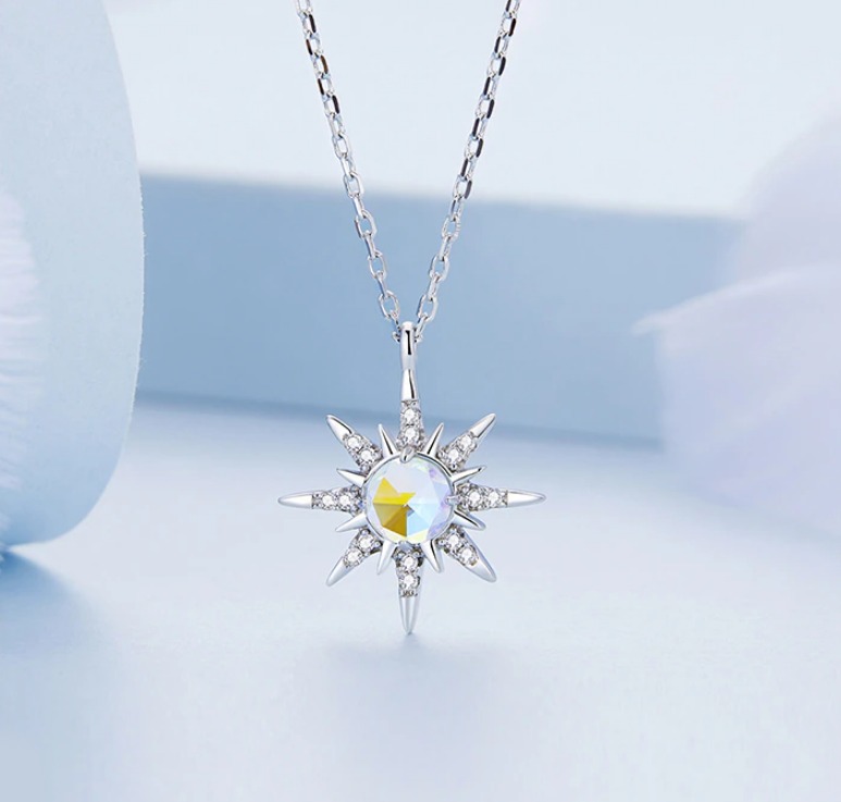 Platinum 925 Sterling Silver Starburst Moonstone Zircon Pendant Necklace