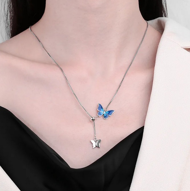 Genuine 925 Sterling Silver Blue Double Butterfly Adjustable Tassel Necklace - Image 4