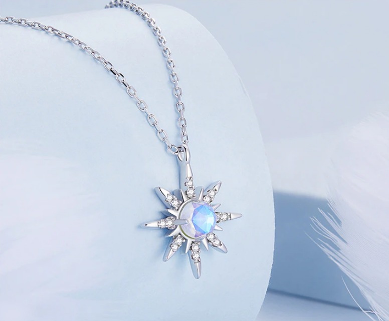 Platinum 925 Sterling Silver Starburst Moonstone Zircon Pendant Necklace - Image 3