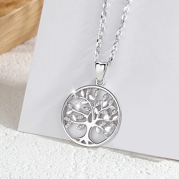 Elegant 925 Sterling Silver Tree of Life AAA+ Zirconia Pendant Necklace