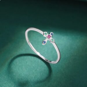 Genuine 925 Sterling Silver Creative Gemstone Cross Pave Ring